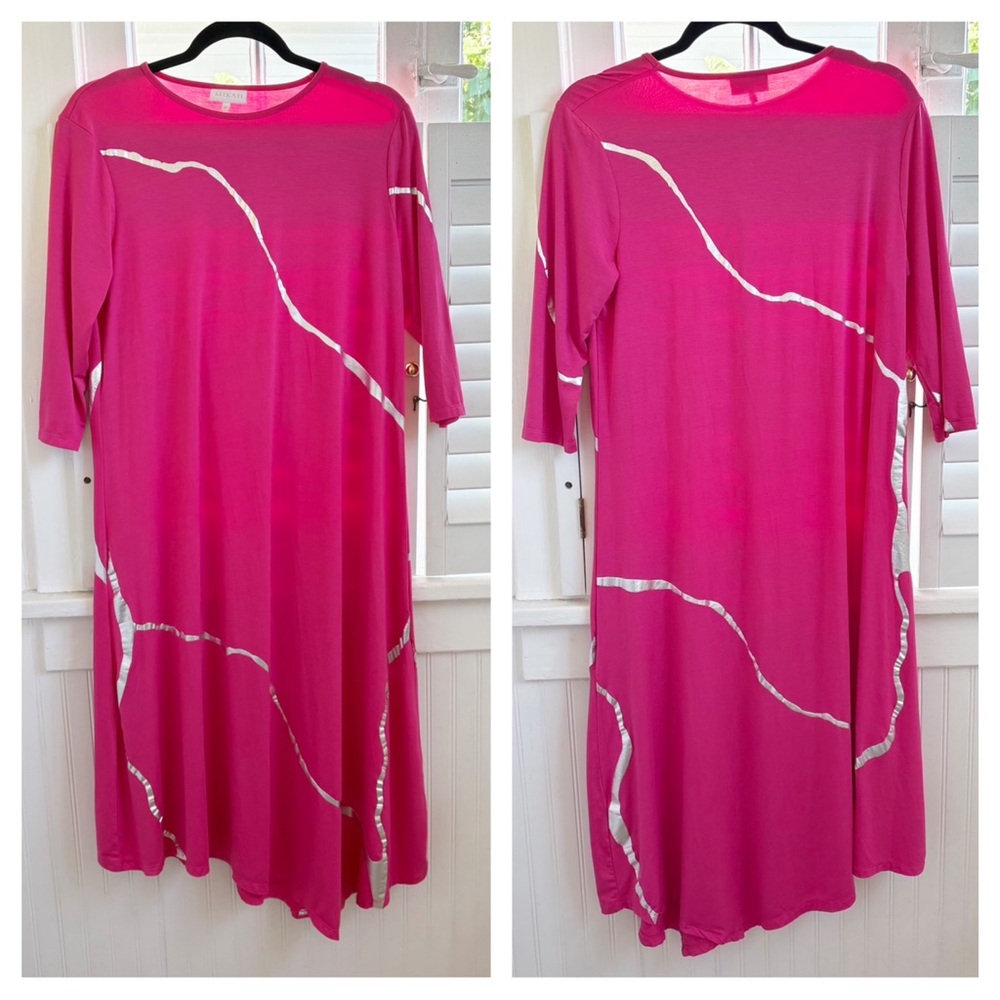 Mikah Bright Pink & Silver Metallic Kintsugi Inspired Midi Dress Women’s Medium